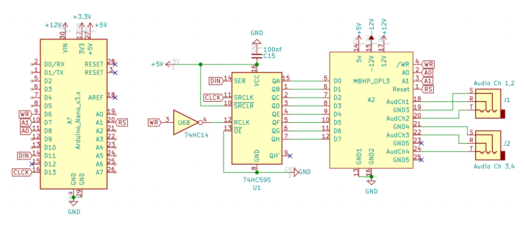 Schematic showing how the MidiBox OPL3 module connects to an Arduino through a 74HC595