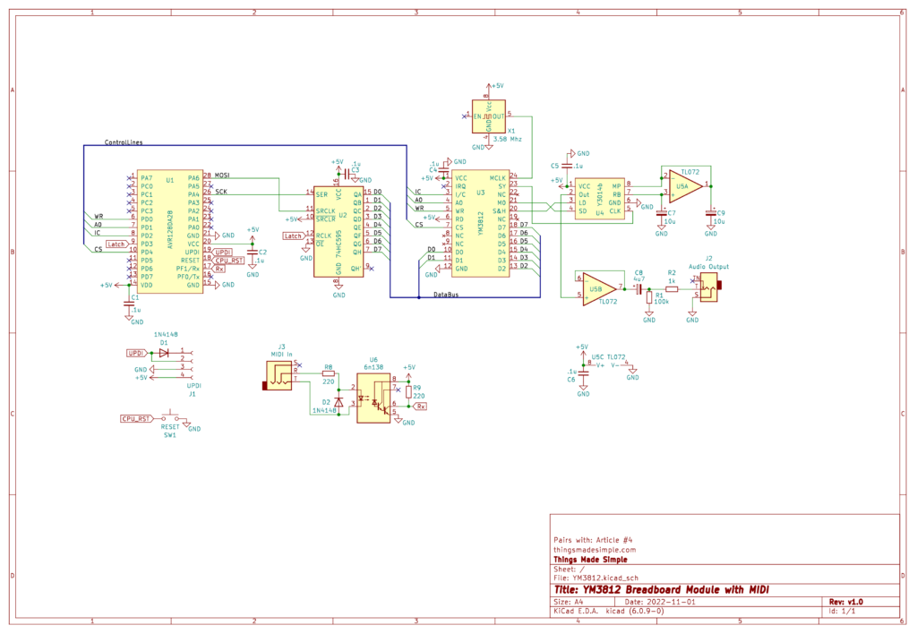 Schematic: YM3812 controlled by AVR128DA28 and now MIDI